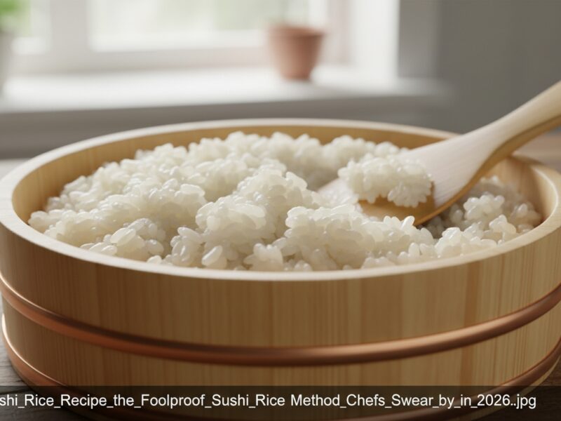 Healthy sushi rice ready for preparation or serving, showcasing fluffy, well-cooked grains in a traditional wooden bowl.