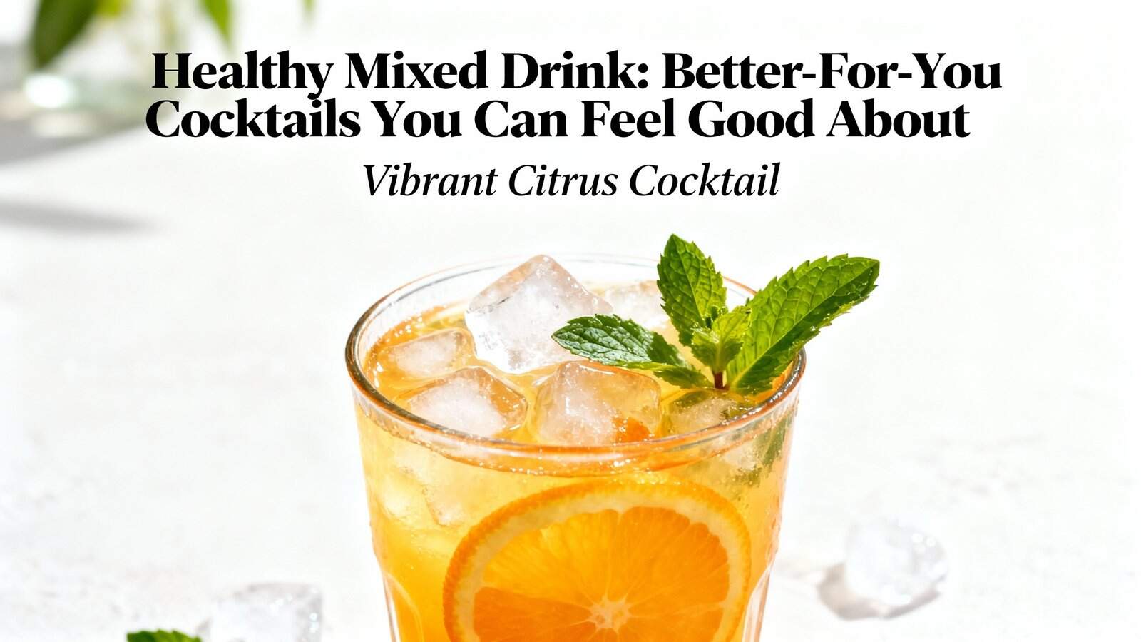 Refreshing citrus cocktail with ice, orange slices, and fresh mint on a white background, promoting healthy mixed drinks and vibrant flavors.