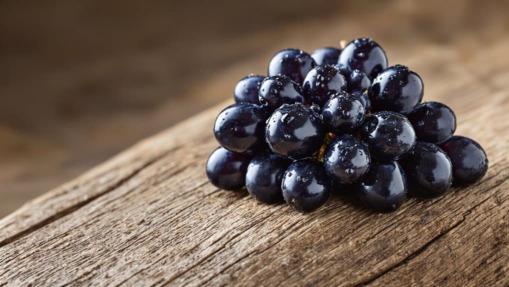 Black grapes on rustic wooden surface, healthy fruit for weight loss, antioxidants, and hydration, ideal for nutritious snacks and diet plans.
