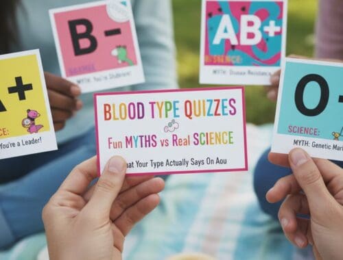 Colorful blood type quiz cards held by diverse individuals, focusing on blood type facts and myths, highlighting health education about blood types, science, and misconceptions.