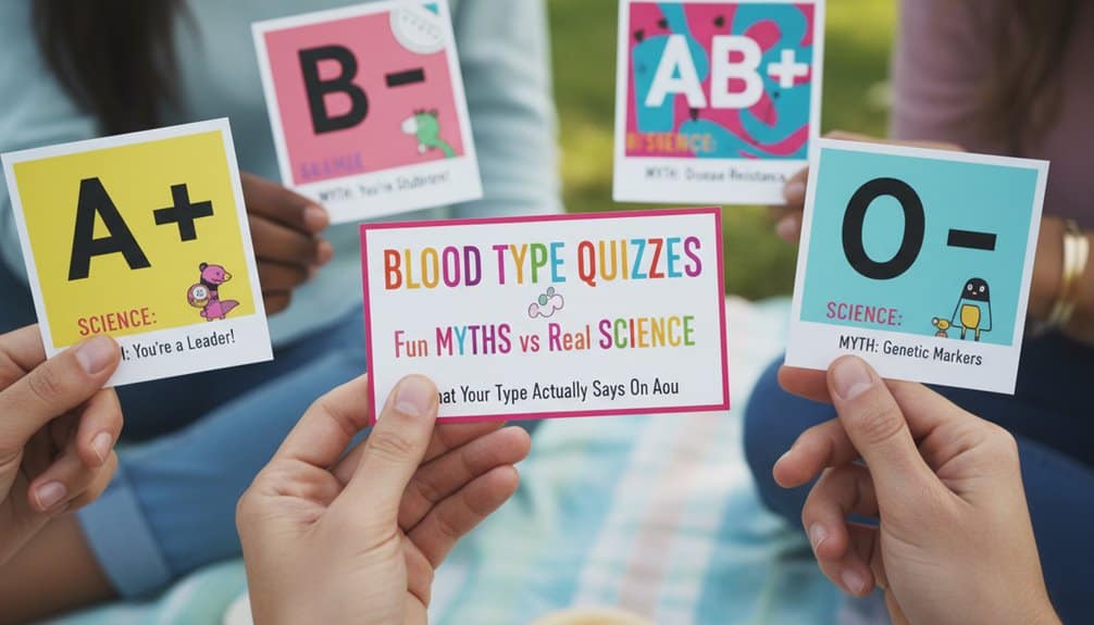 Colorful blood type quiz cards held by diverse individuals, focusing on blood type facts and myths, highlighting health education about blood types, science, and misconceptions.