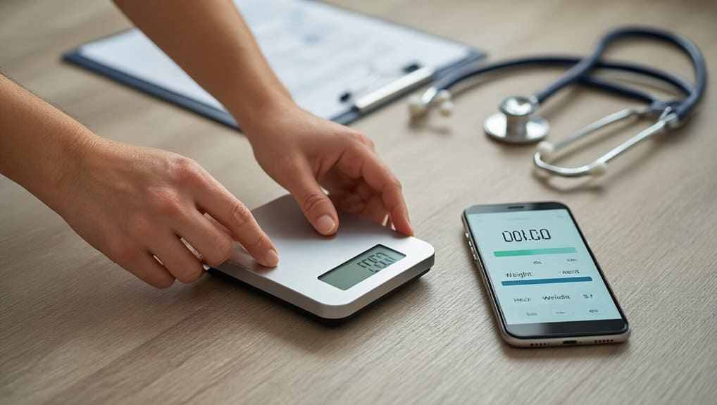 Digital weight scale with a person measuring weight, smartphone displaying BMI and health metrics, stethoscope, and clipboard on a wooden table, representing health and fitness tracking.