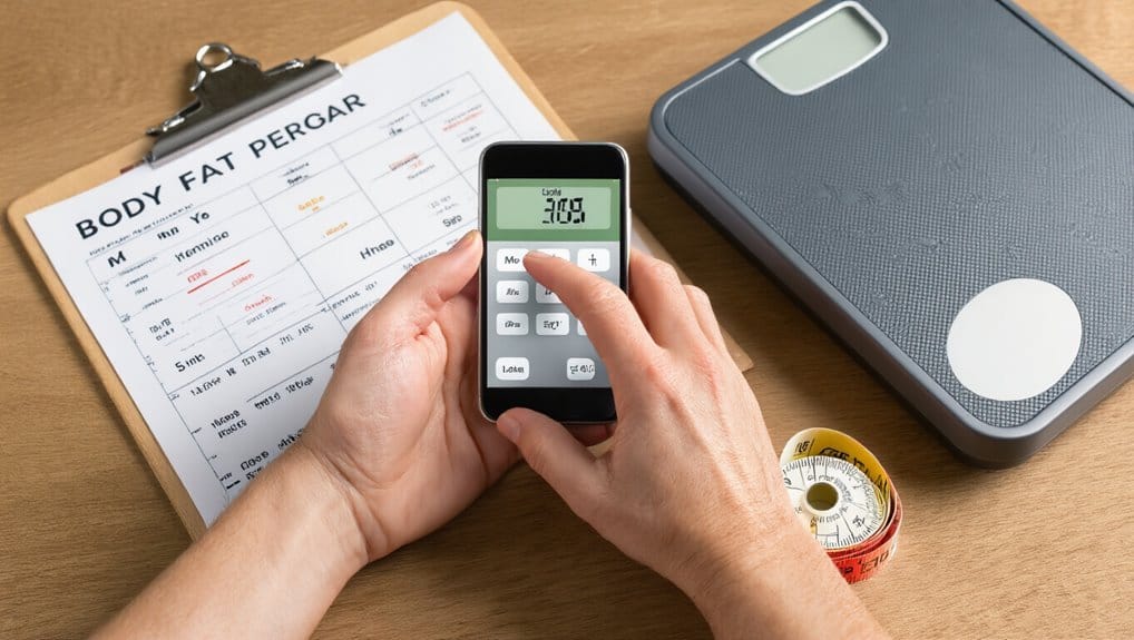 Body Fat Percentage Chart, Digital Scale, Weight Loss Calculator, and Measuring Tape on Wooden Desk for Health & Fitness Tracking.