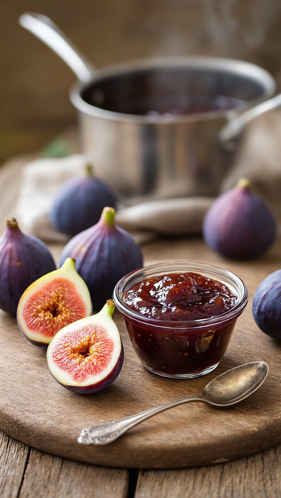 Sweet fresh figs and fig jam in a glass bowl on a rustic wooden cutting board with a vintage spoon. Ripe figs and jam symbolize healthy eating and nutritious snacks.