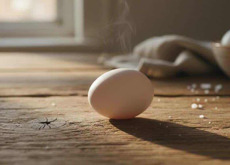 Fresh egg with steam on rustic wooden table, highlighting nutrition and healthy lifestyle.