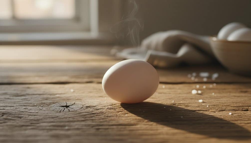 Fresh egg with steam on rustic wooden table, highlighting nutrition and healthy lifestyle.