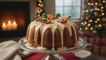 Delicious holiday Christmas cake decorated with holly, orange slices, red berries, and white icing, placed on a decorative stand. Perfect for holiday celebrations with a cozy fireplace and Christmas tree in the background.