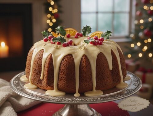 Delicious holiday Christmas cake decorated with holly, orange slices, red berries, and white icing, placed on a decorative stand. Perfect for holiday celebrations with a cozy fireplace and Christmas tree in the background.