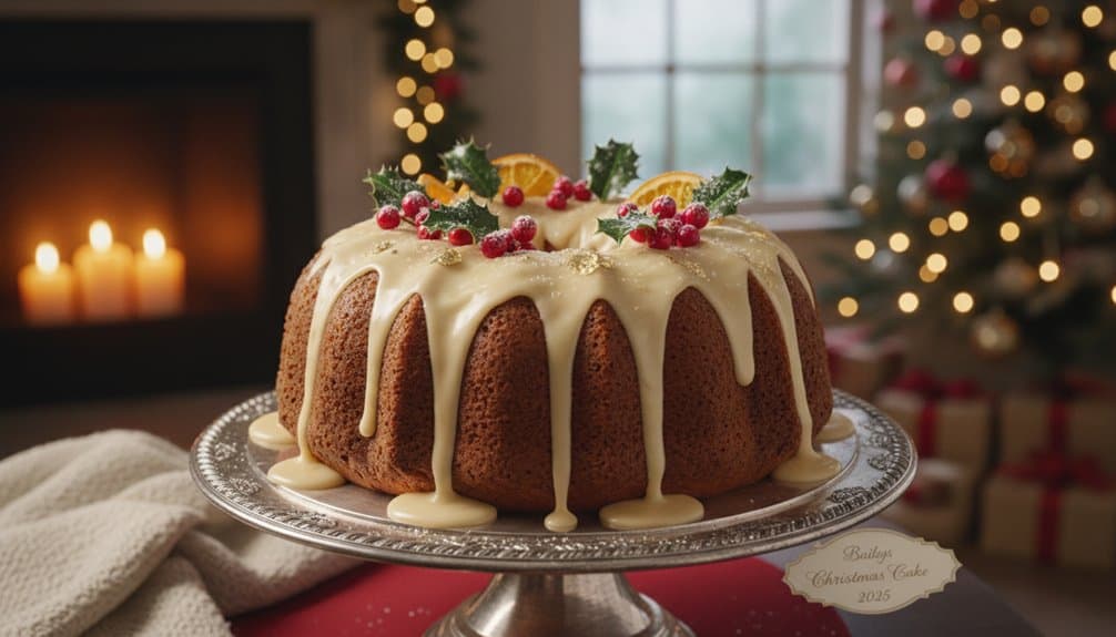 Delicious holiday Christmas cake decorated with holly, orange slices, red berries, and white icing, placed on a decorative stand. Perfect for holiday celebrations with a cozy fireplace and Christmas tree in the background.