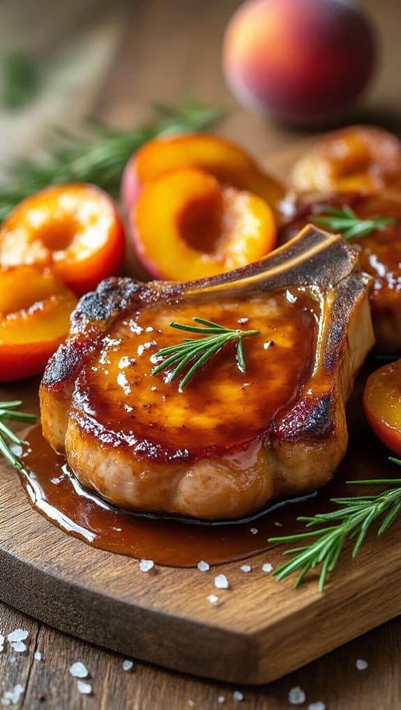 Succulent roasted pork chop with caramelized peaches, garnished with fresh rosemary on a rustic wooden cutting board. Perfect for hearty, healthy meals that balance flavor and nutrition.