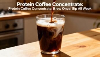 Rich dark coffee being poured into a glass, swirling with cream, on a wooden table in a cozy kitchen setting, highlighting a delicious protein coffee concentrate recipe for health-conscious individuals.