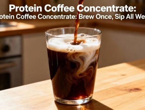 Rich dark coffee being poured into a glass, swirling with cream, on a wooden table in a cozy kitchen setting, highlighting a delicious protein coffee concentrate recipe for health-conscious individuals.