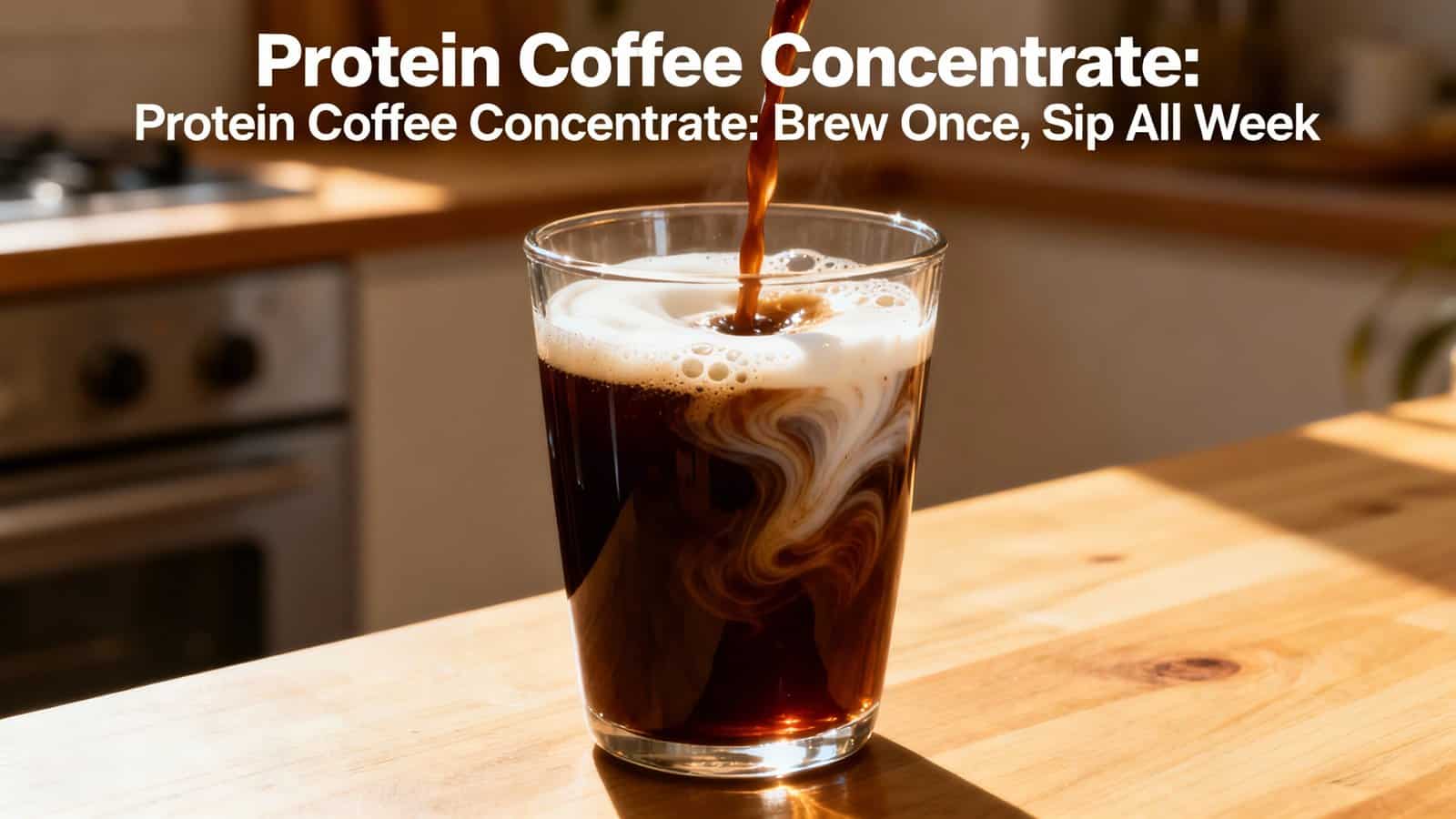 Rich dark coffee being poured into a glass, swirling with cream, on a wooden table in a cozy kitchen setting, highlighting a delicious protein coffee concentrate recipe for health-conscious individuals.