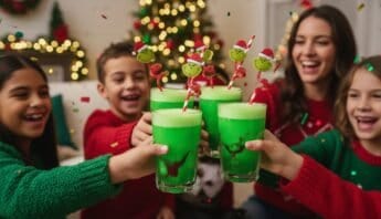 Bright green holiday-themed drinks with smiley face umbrellas being held up in celebration.