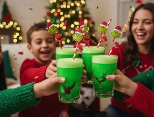 Bright green holiday-themed drinks with smiley face umbrellas being held up in celebration.