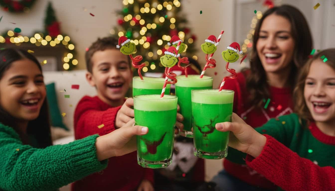 Bright green holiday-themed drinks with smiley face umbrellas being held up in celebration.