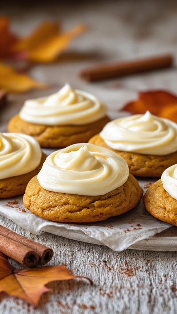 Buttery pumpkin cookies with cream cheese frosting on rustic wooden board, surrounded by cinnamon sticks and autumn leaves, in a cozy fall setting.