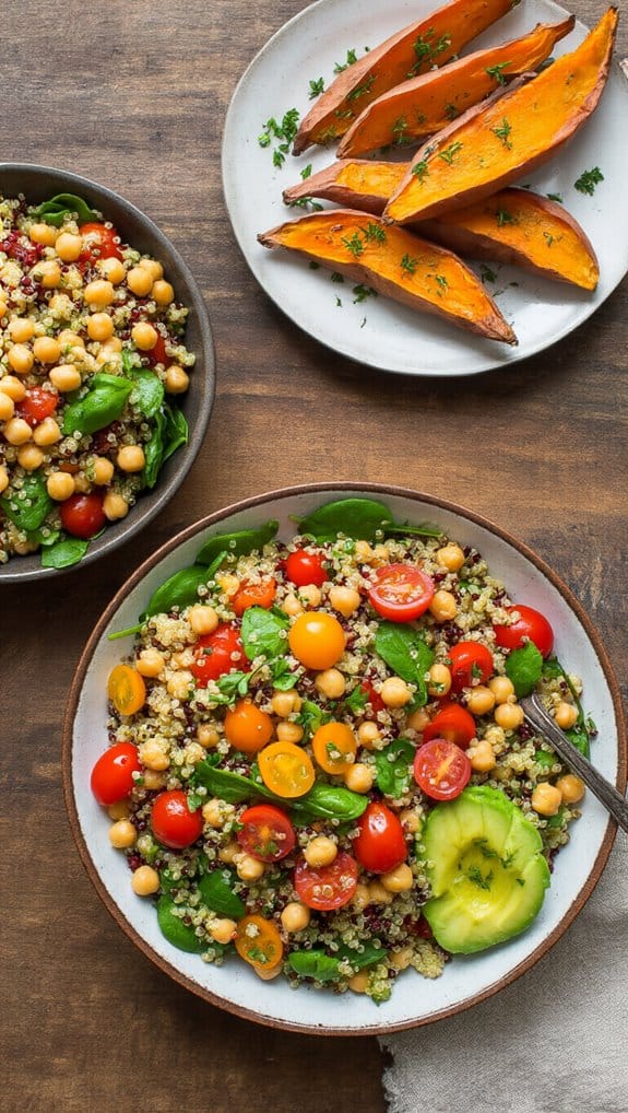 Quinoa and chickpea salad with cherry tomatoes and cucumbers on a white plate with roasted sweet potatoes on a separate dish on a wooden table.