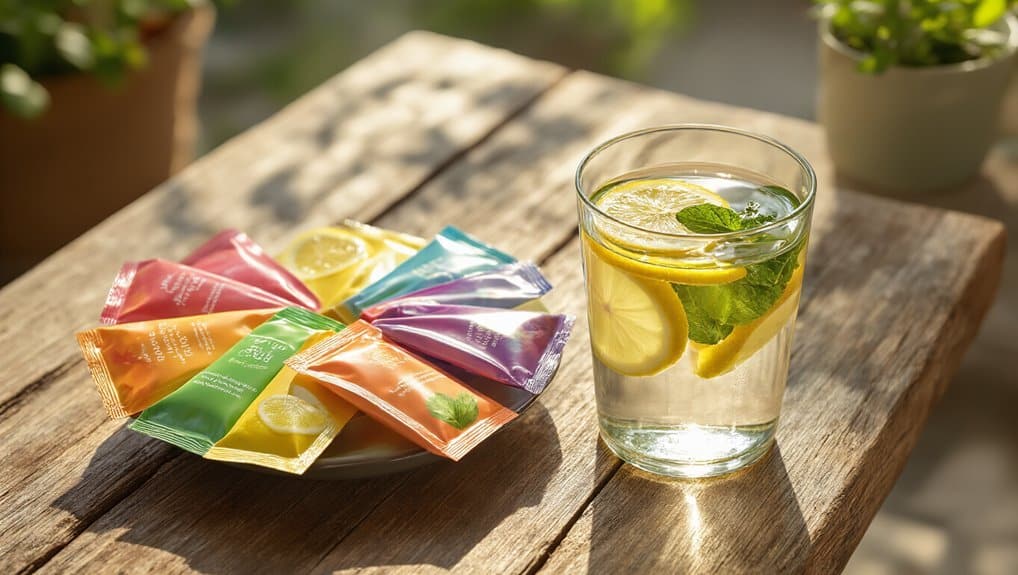 Refreshing lemon and mint infused water served alongside colorful tea sachets, perfect for health and hydration.