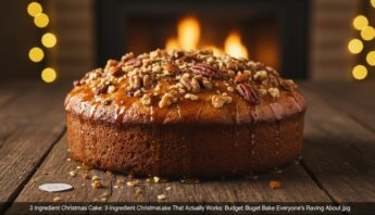 A delicious, moist three-ingredient Christmas cake topped with nuts and caramel drizzle, perfect for festive celebrations while maintaining a balanced diet. Enjoy this simple, tasty holiday treat.
