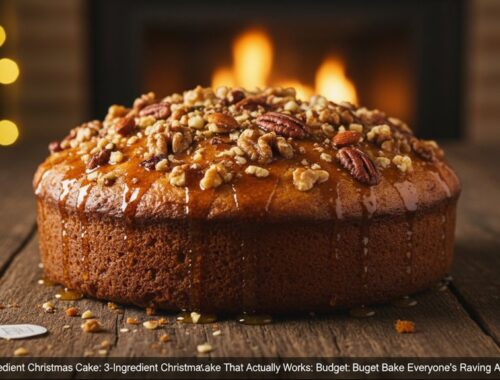 A delicious, moist three-ingredient Christmas cake topped with nuts and caramel drizzle, perfect for festive celebrations while maintaining a balanced diet. Enjoy this simple, tasty holiday treat.