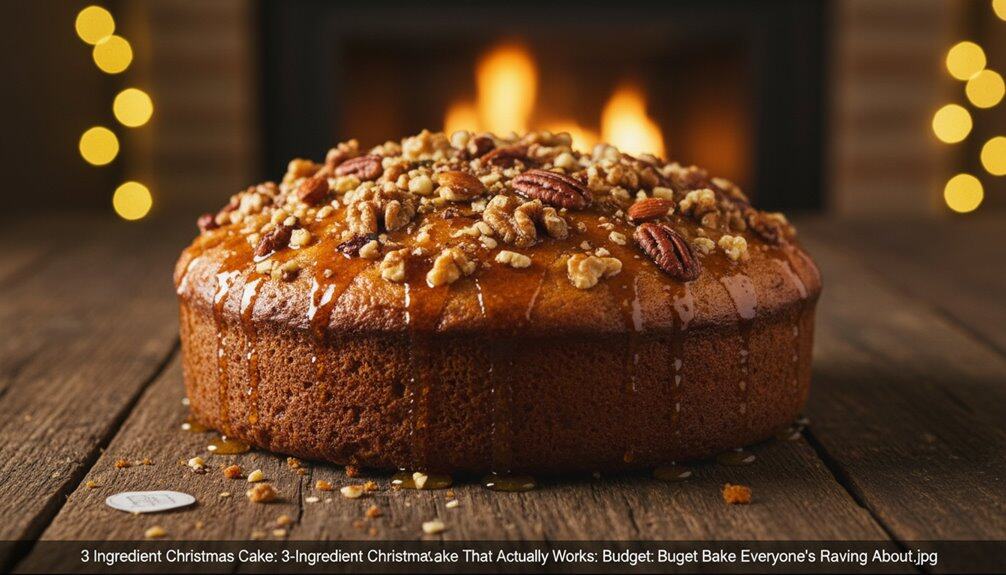 A delicious, moist three-ingredient Christmas cake topped with nuts and caramel drizzle, perfect for festive celebrations while maintaining a balanced diet. Enjoy this simple, tasty holiday treat.