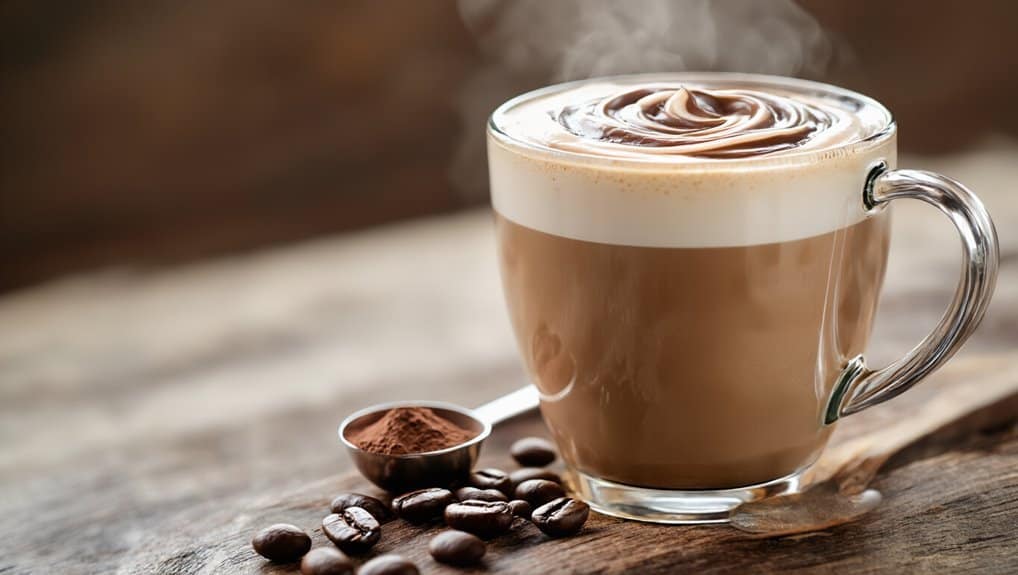 Creamy frothy mocha latte in a clear glass mug with steam rising, surrounded by coffee beans and cocoa powder on a rustic wooden surface. Perfect for coffee lovers seeking a delicious energy boost.