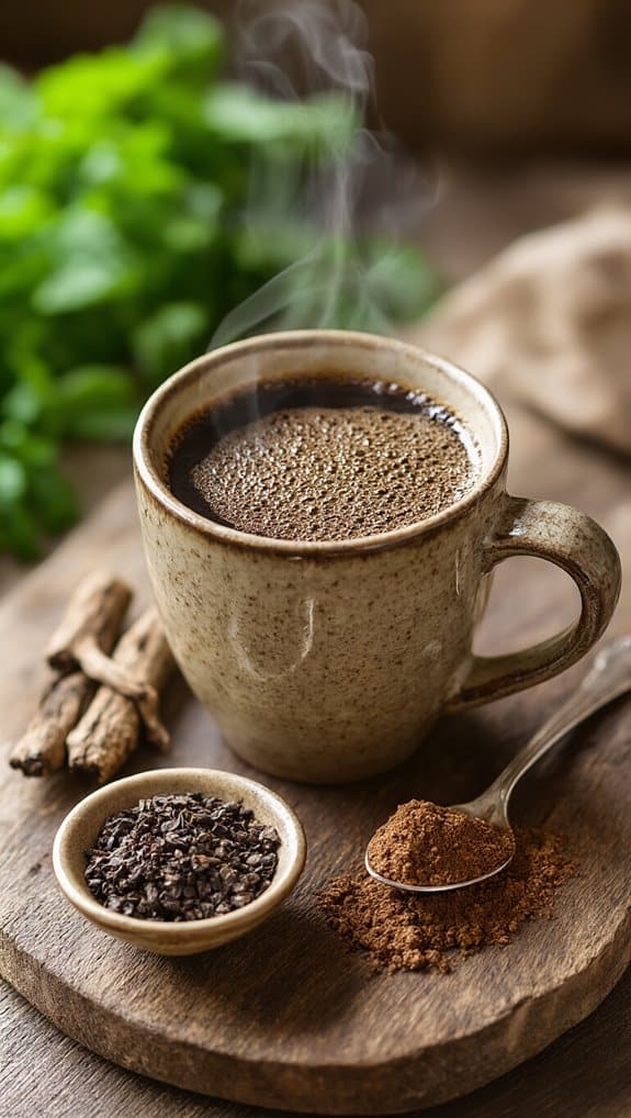Rich coffee steaming in a rustic mug with cocoa powder and crushed coffee beans on a wooden board, fresh herbs in the background for a cozy, healthy lifestyle image.
