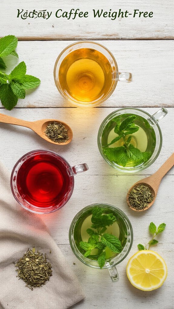 Herbal tea infusions with fresh mint, lemon, and dried herbs in glass cups on white wooden background, promoting wellness and relaxation.