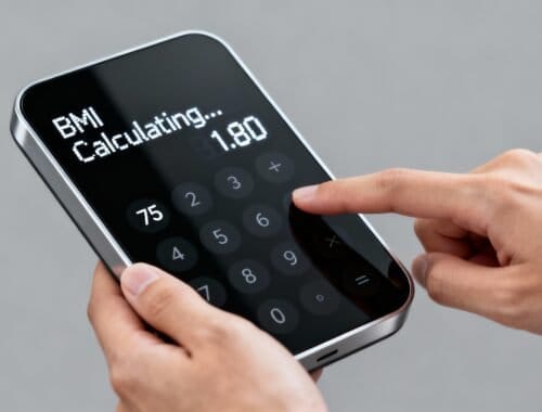 1. A person using a digital calculator app on a smartphone to calculate BMI, showing a reading of 1.80.