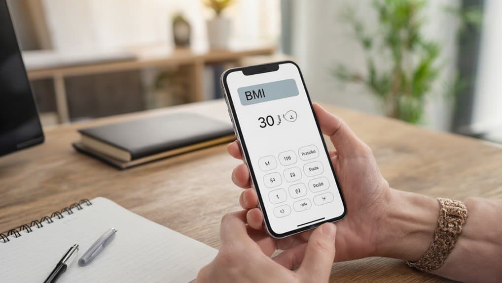 How to Use a BMI Calculator by Age Step-by-Step Guide 2 BMI app on smartphone showing a BMI of 30 in a modern workspace setting.