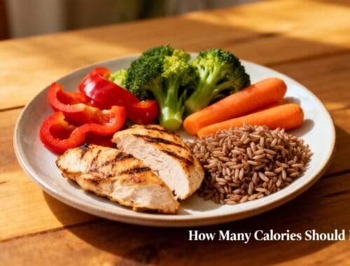 Broccoli, carrots, red bell peppers, grilled chicken, and brown rice on a white plate, healthy balanced meal for fitness and nutrition.
