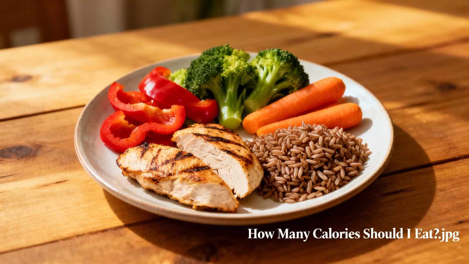 Broccoli, carrots, red bell peppers, grilled chicken, and brown rice on a white plate, healthy balanced meal for fitness and nutrition.