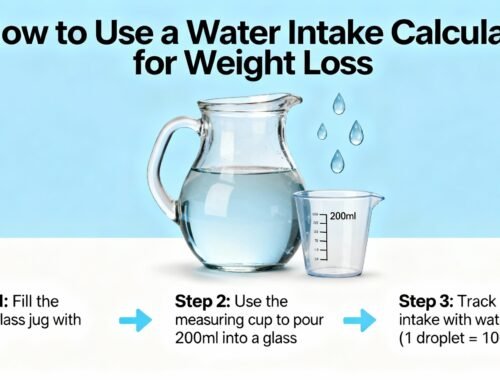 Flask and measuring cup with water showing water intake steps for weight loss.
