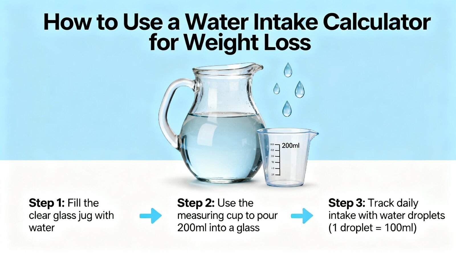 Flask and measuring cup with water showing water intake steps for weight loss.