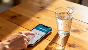 Glasses of water and a smartphone with a daily water goal app on a wooden table, promoting hydration and health tracking.