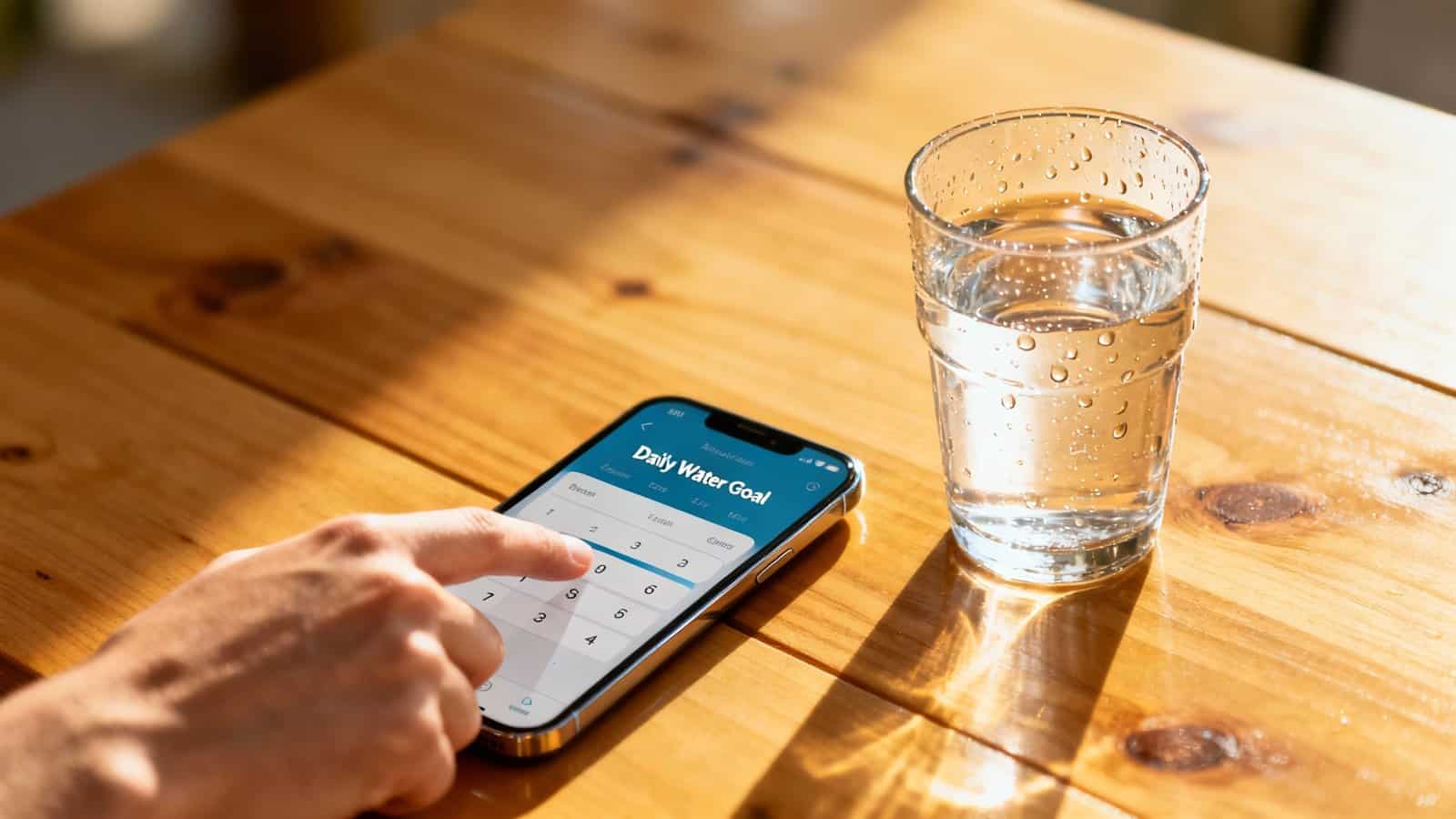 Glasses of water and a smartphone with a daily water goal app on a wooden table, promoting hydration and health tracking.