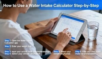Open woman using water intake calculator app on tablet to track daily water consumption.