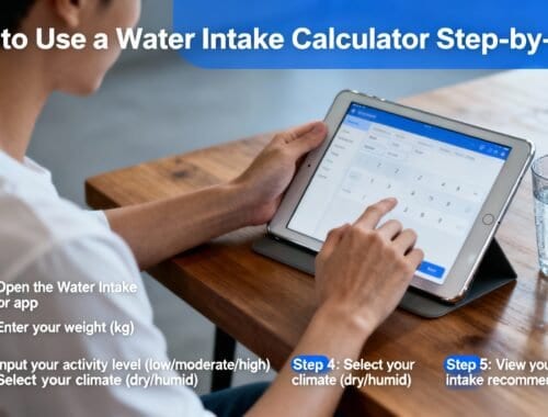 Open woman using water intake calculator app on tablet to track daily water consumption.