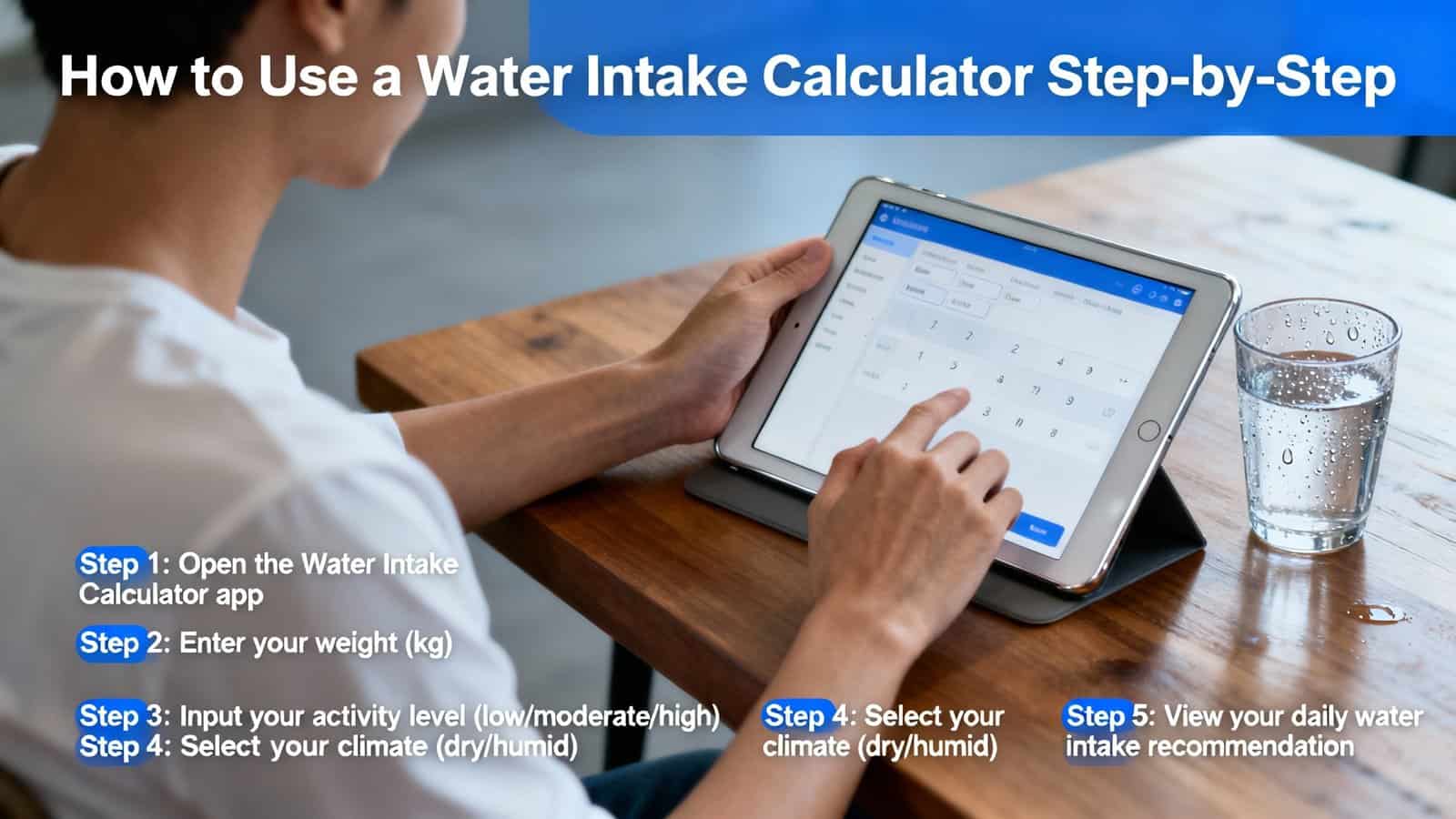 Open woman using water intake calculator app on tablet to track daily water consumption.