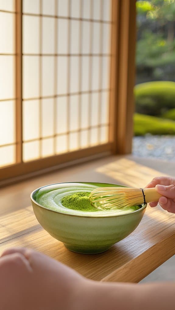 Matcha powder in a bowl with a bamboo whisk, Japanese tea ceremony, wellness, traditional Matcha preparation, health benefits of green tea.