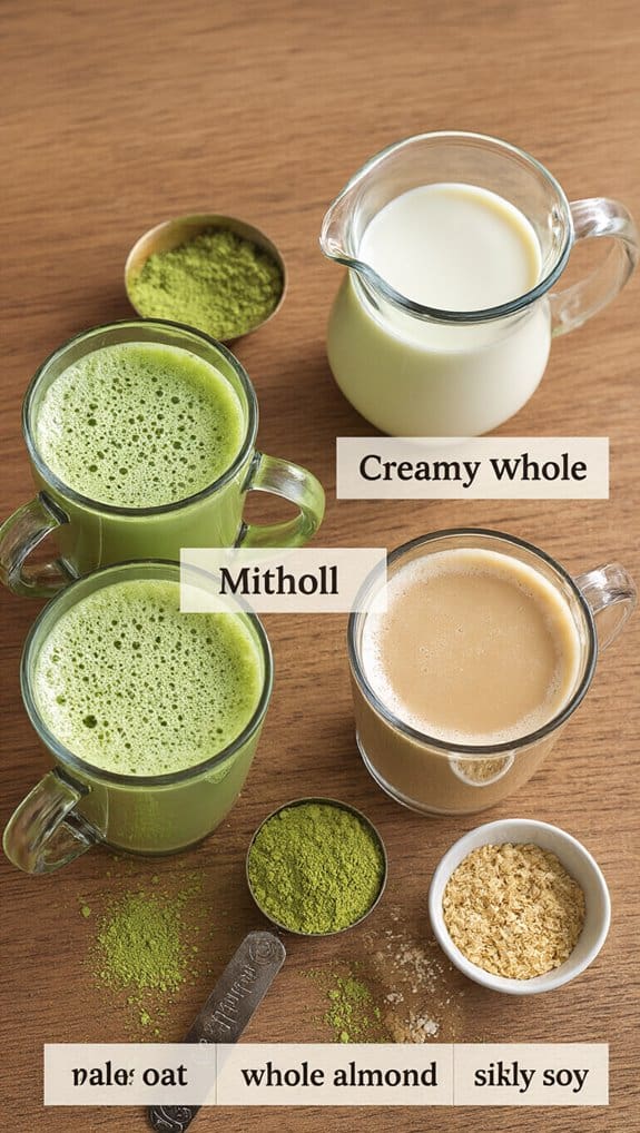 Matcha green tea drinks with labeled ingredients and powders on wooden surface, highlighting healthy smoothie options and nutritional ingredients.