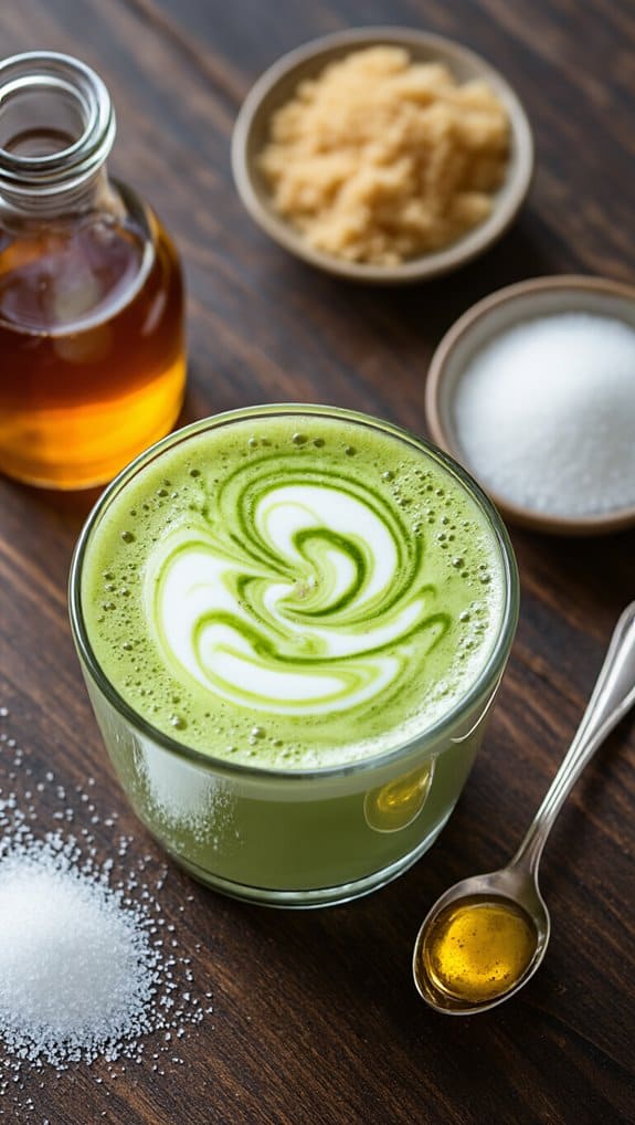 Matcha latte with a swirl of milk on top, honey, sugar, ginger, and a spoon of honey on a wooden surface, promoting healthy beverages and wellness.
