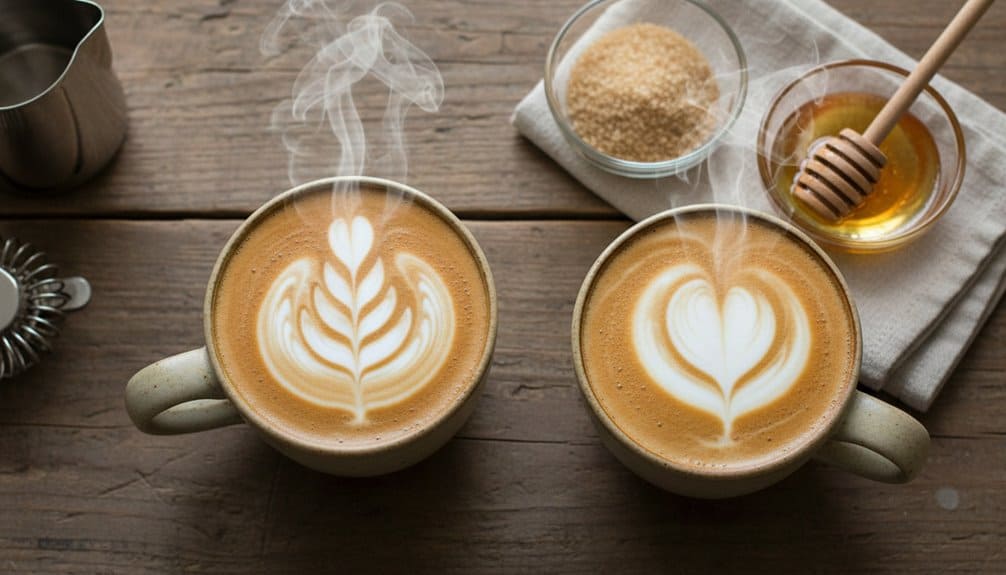 Delicious steaming lattes with heart-shaped foam art, accompanied by honey and natural sweeteners, promoting healthy choices in your fitness journey.