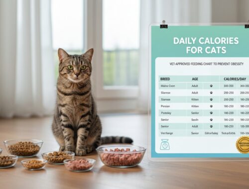 A cute tabby cat sitting beside various bowls of cat food, with a vet-approved daily calorie chart for different cat breeds and ages displayed on a stand, providing nutrition guidance for pet owners.