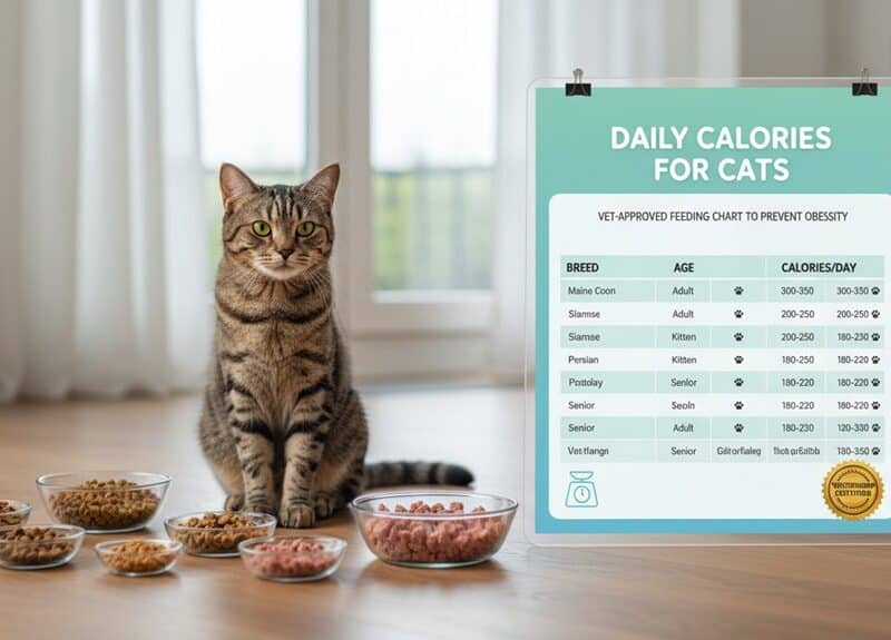 A cute tabby cat sitting beside various bowls of cat food, with a vet-approved daily calorie chart for different cat breeds and ages displayed on a stand, providing nutrition guidance for pet owners.