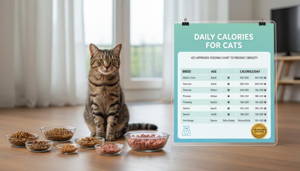A cute tabby cat sitting beside various bowls of cat food, with a vet-approved daily calorie chart for different cat breeds and ages displayed on a stand, providing nutrition guidance for pet owners.