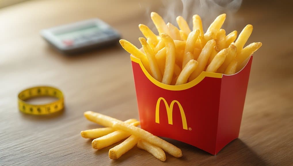 Steaming hot McDonald's French fries served in a red box on a wooden table. Some fries have spilled out, and a yellow measuring tape and a blurred mobile device are in the background.