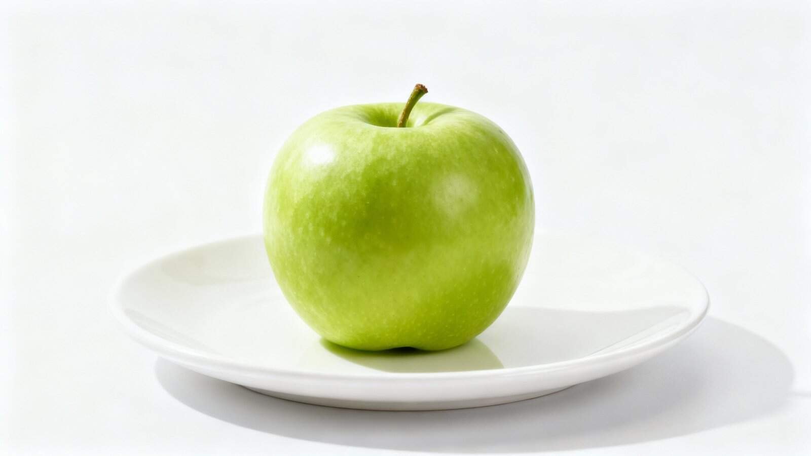 Fresh green apple on a white plate, symbolizing healthy eating and nutrition.