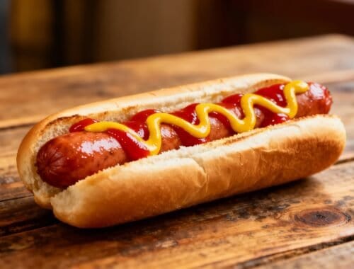 A classic hot dog in a toasted bun with a sausage, topped with ketchup and mustard, served on a rustic wooden surface. Perfect for quick meals and outdoor gatherings.